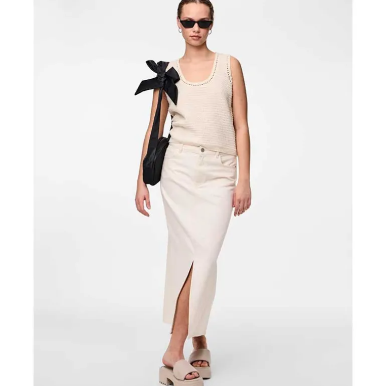Pieces PCKenise MW Denim Ankle Skirt BC Off White