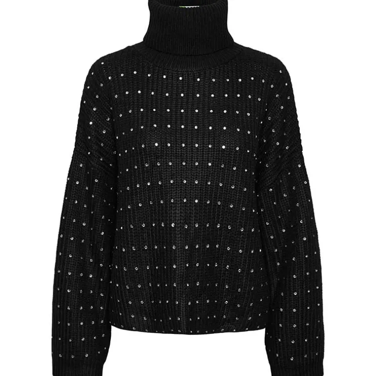 Pieces PCRayney LS Turtleneck Knit Black Rhinestones