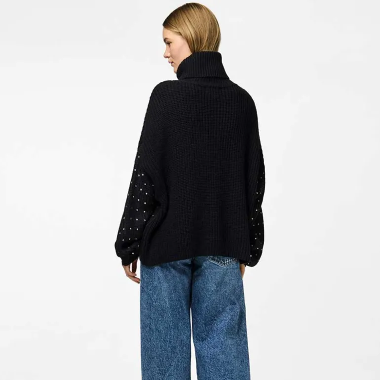 Pieces PCRayney LS Turtleneck Knit Black Rhinestones